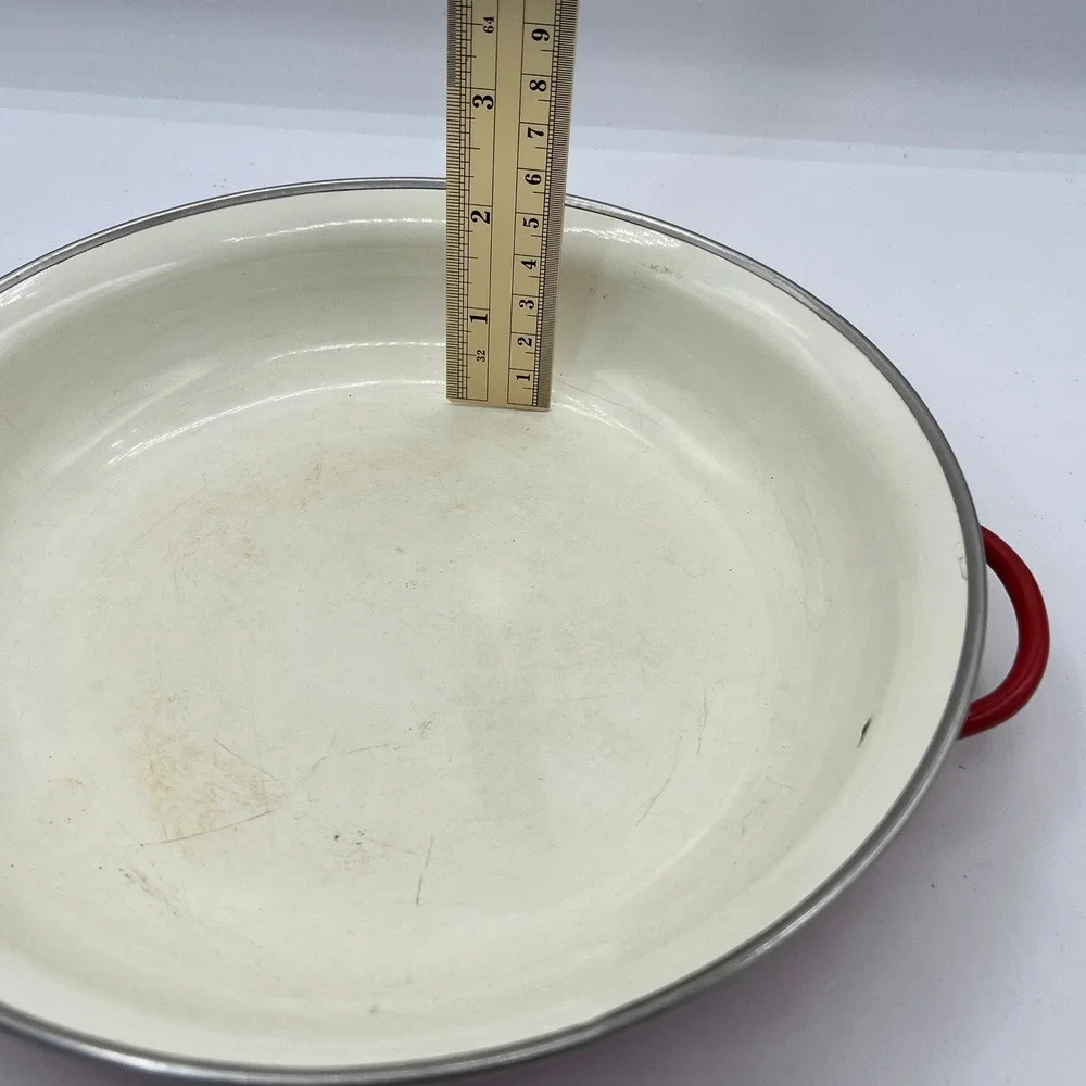 Vintage McM Red Enamel Paella Pan Round Shallow Saute‎ Dish  Duel Handles 9 Inch